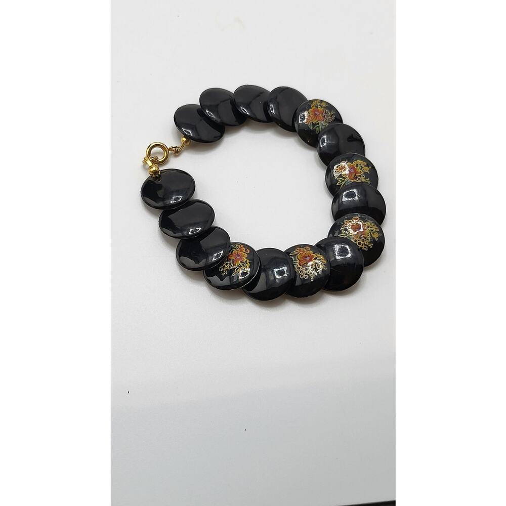 Vintage Black Floral Disc Bracelet Gold Clasp 7.5in